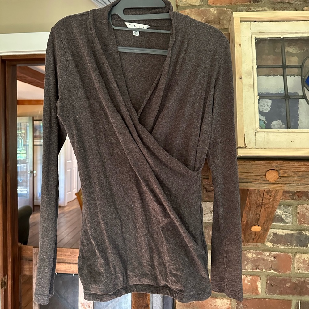 Cabi, long sleeved, heather gray, wrap style shirt